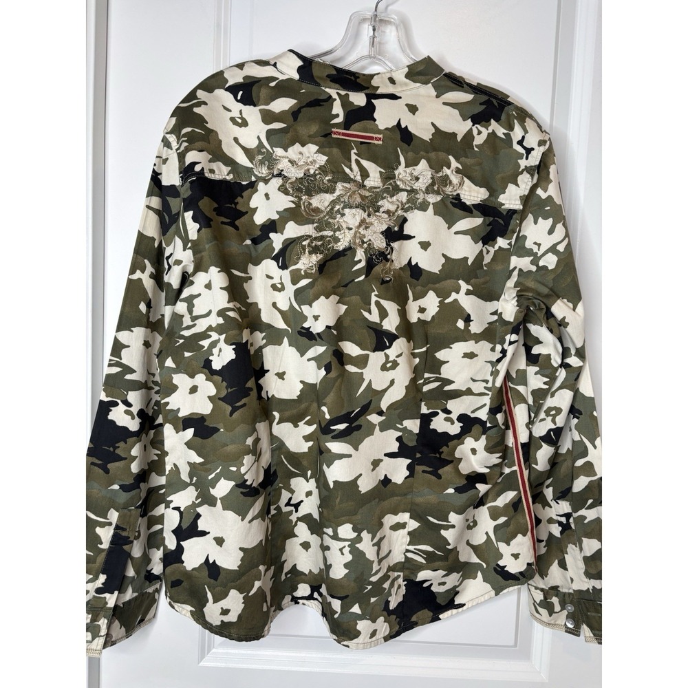 CHICO'S Size 2 (M) Camo Print Cotton Women's Blouse Shirt Top Embroidered - Picture 6 of 12